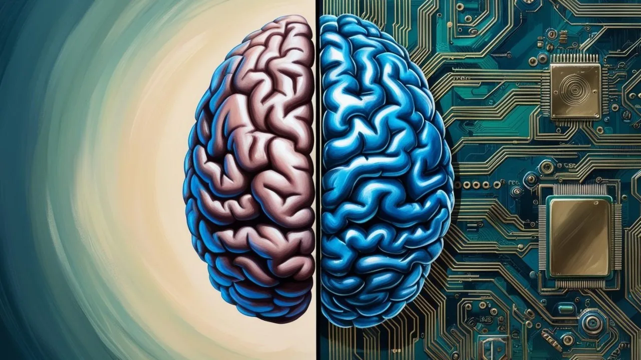 Left brain with gradiant background, and right brain with circuit background